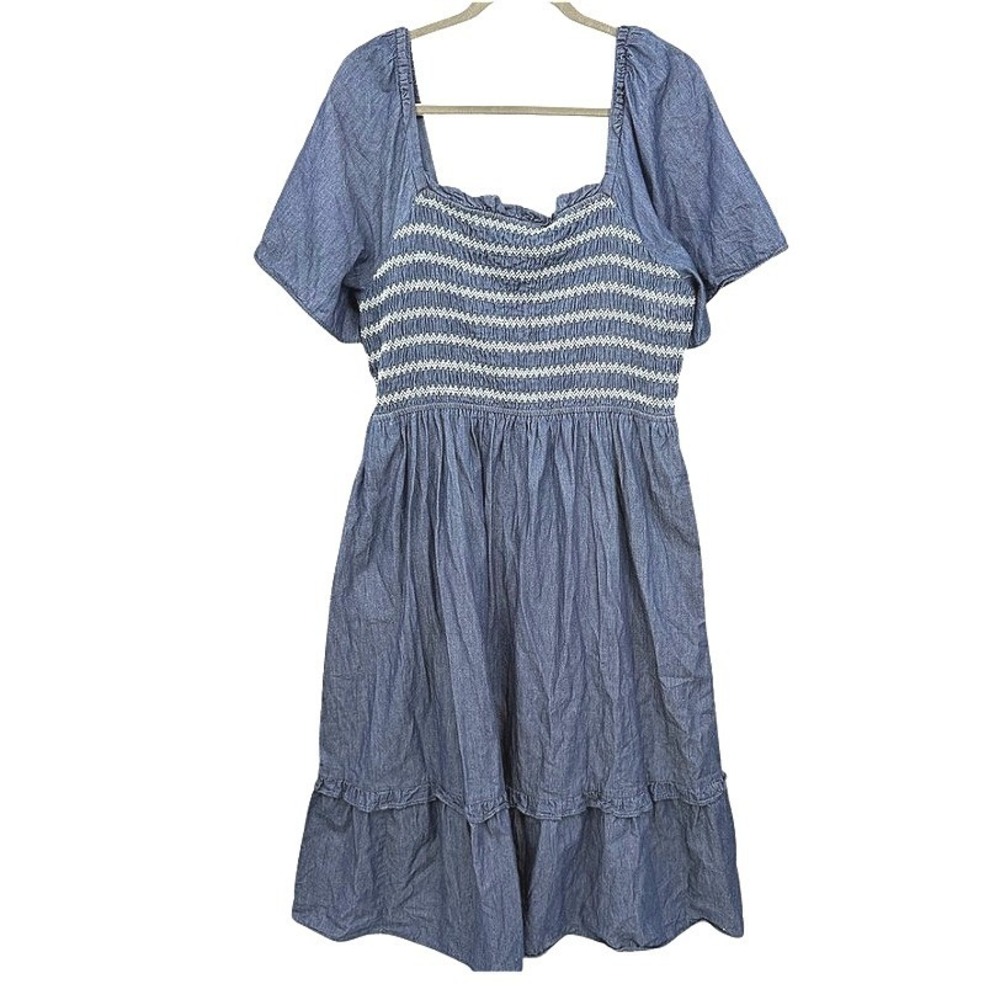 Draper James Dress Chambray Smocked Flutter Sleeve Midi Boho Blue Size XL